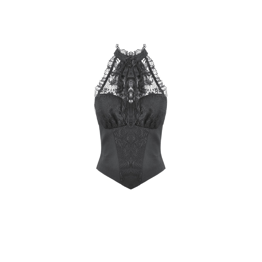Dark in Love - Gothic Victorian Halter with Lace Panel and 3D Rose Ornament Sleeveless top - Black